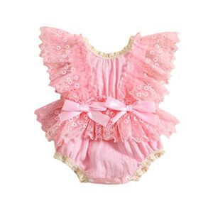 infant girls crochet bodysuits baby girl cotton linen romper lace ruffle summer clothes flutter sleeves jumpsuits (pink , 3-6 months )