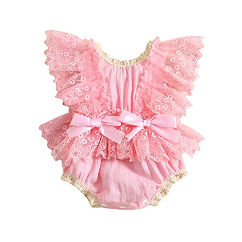 Infant Girls Crochet Bodysuits Baby Girl Cotton Linen Romper Lace Ruffle Summer Clothes Flutter Sleeves Jumpsuits (Pink , 3-6 Months )