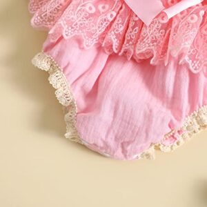 Infant Girls Crochet Bodysuits Baby Girl Cotton Linen Romper Lace Ruffle Summer Clothes Flutter Sleeves Jumpsuits (Pink , 3-6 Months )