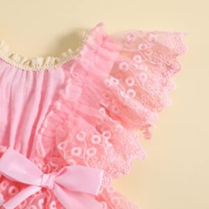 Infant Girls Crochet Bodysuits Baby Girl Cotton Linen Romper Lace Ruffle Summer Clothes Flutter Sleeves Jumpsuits (Pink , 3-6 Months )