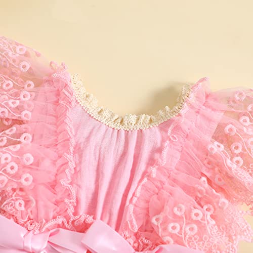 Infant Girls Crochet Bodysuits Baby Girl Cotton Linen Romper Lace Ruffle Summer Clothes Flutter Sleeves Jumpsuits (Pink , 3-6 Months )