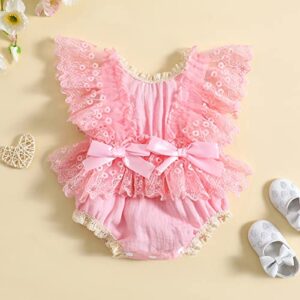 Infant Girls Crochet Bodysuits Baby Girl Cotton Linen Romper Lace Ruffle Summer Clothes Flutter Sleeves Jumpsuits (Pink , 3-6 Months )