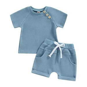 toddler baby boy girl clothes summer waffle knit short sleeve buttons t-shirt elastic waist shorts set 0-3t outfits (blue waffle knit, 18-24 months)