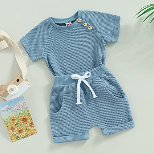 Toddler Baby Boy Girl Clothes Summer Waffle Knit Short Sleeve Buttons T-Shirt Elastic Waist Shorts Set 0-3T Outfits (Blue Waffle Knit, 18-24 Months)