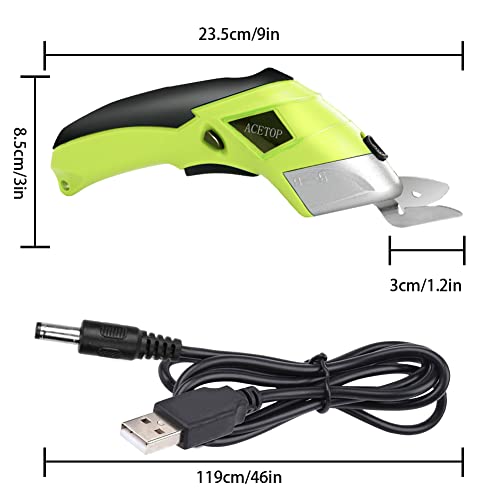 ACETOP Electric Fabric Scissors, Cordless Power Crafts Shears, Rechargeable Sewing Cutting Tool Box Cutter with 2 Blades for Leather Carpet Scrapbooking Cardboard (Green)