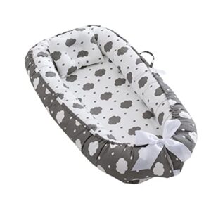 vohunt baby lounger for newborn,100% cotton co-sleeper for baby in bed with handles,soft newborn lounger adjustable size & strong zipper lengthen space to 3 tears old(grey and white clouds)