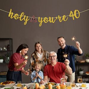 Holy Shit You're 40 Banner, Gold Glitter Funny Adult Happy 40th Birthday Banner Decoration Supplies