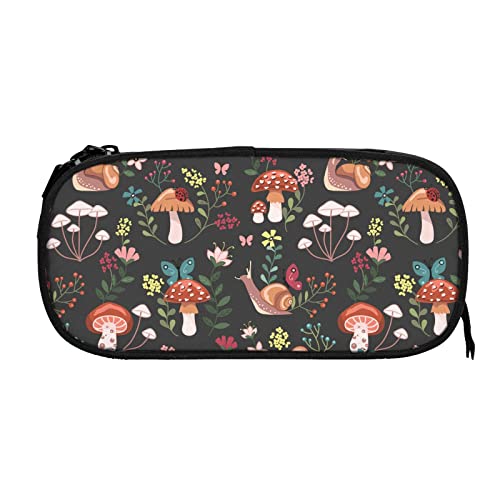 Gesey-R4T Mushroom Snails Butterfly Flower Pattern Pen Pencil Case Bag Big Capacity Multifunction Storage Pouch Organizer with Zipper Office University for Girls Boy Black One Size