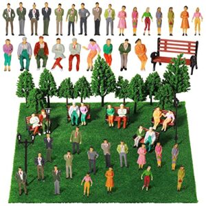 55 pcs model trains architectural scale painted figures, include 30 miniature people 5 street lamps 11 mixed model trees 5 model park street seat 4 fake grass for miniature scene (1:50)
