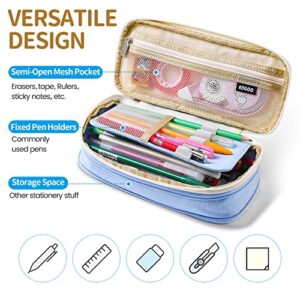 Teuki Large Pencil Case for Girls Boys Adults, Expandable Cute Pencil Case Large Capacity Pencil Pouch Bag for Office School Stationery Organizer Durable Pencil Cases with Sticky Notes, Beige Blue