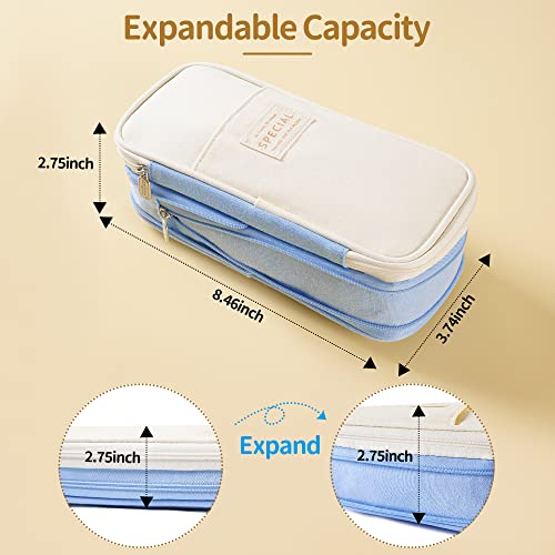 Teuki Large Pencil Case for Girls Boys Adults, Expandable Cute Pencil Case Large Capacity Pencil Pouch Bag for Office School Stationery Organizer Durable Pencil Cases with Sticky Notes, Beige Blue