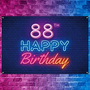 Glow Neon Happy 88th Birthday Backdrop Banner Decor Black – Colorful Glowing 88 Years Old Birthday Party Theme Decorations for Men Women Supplies