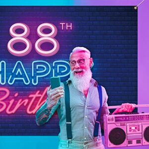 Glow Neon Happy 88th Birthday Backdrop Banner Decor Black – Colorful Glowing 88 Years Old Birthday Party Theme Decorations for Men Women Supplies