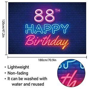 Glow Neon Happy 88th Birthday Backdrop Banner Decor Black – Colorful Glowing 88 Years Old Birthday Party Theme Decorations for Men Women Supplies