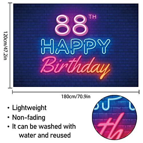 Glow Neon Happy 88th Birthday Backdrop Banner Decor Black – Colorful Glowing 88 Years Old Birthday Party Theme Decorations for Men Women Supplies