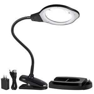 magnifying glass lamp, dylviw 2x magnifier light with metal clamp, table base holder usb powered classic black portable clip desktop magnifying lamp, great for daily reading, hobbies, workbench