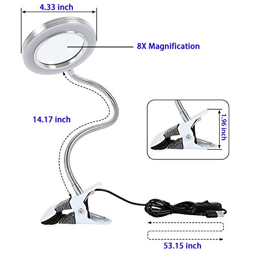 8X Magnifying Lamp with Light, USB Powered LED Magnifying Glass Clamp for Desk for Reading Crafts Sewing Hobbies Repair or Workbench2