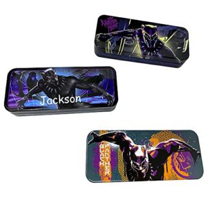 the trendy turtle personalized black panther character tin pencil box cases bundle for party or back to school – 3 piece set