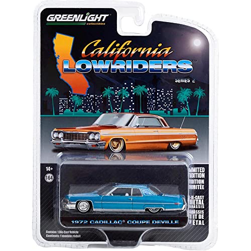 Greenlight 63030-E California Lowriders Series 2 - 1972 Caddy Coupe deVille - Custom Light Blue - White 1:64 Scale Diecast