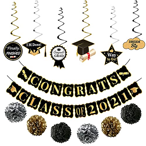 Large Congrats Class Of 2022 Banner for Class Of 2022 Party Decorations - No DIY | Pom Poms, Hanging Swirls with Class Of 2022 Backdrop | Class Of 2022 Decorations Banner for Graduation Party Supplies