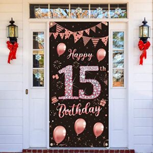 lnlofen 15th birthday door banner decorations for girls, large 15 year old birthday party door cover backdrop supplies, rose gold happy 15th birthday poster sign