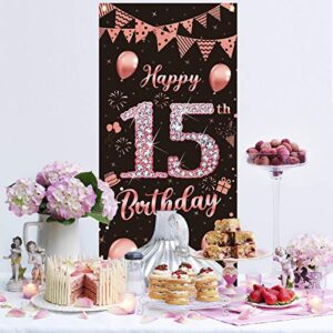 Lnlofen 15th Birthday Door Banner Decorations for Girls, Large 15 Year Old Birthday Party Door Cover Backdrop Supplies, Rose Gold Happy 15th Birthday Poster Sign