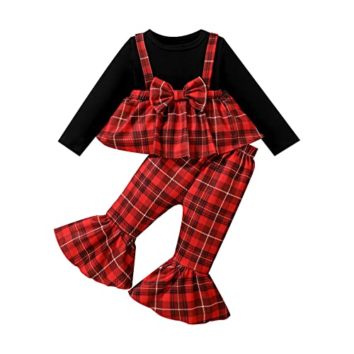 LitBear Toddler Baby Girls Christmas Outfits Plaid Drees Shirt Flare for Newborn Xmas Dress Clothes Set 6M-3T