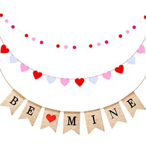 valentines’ day banner set, heart-shaped holiday felt banner valentine burlap banner felt ball garland colorful pom pom garland for party and home decoration(be mine theme)