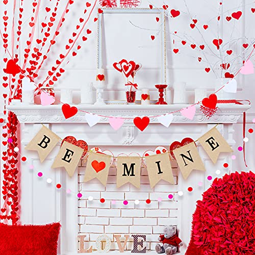 Valentines' Day Banner Set, Heart-Shaped Holiday Felt Banner Valentine Burlap Banner Felt Ball Garland Colorful Pom Pom Garland for Party and Home Decoration(Be Mine Theme)