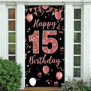 15th birthday decorations backdrop door banner, happy 15th birthday decorations for girls, black rose gold door cover sign, 15 birthday party decoration for teen girls, fabric 6.1ft x 3ft phxey