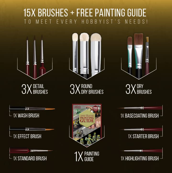 Wargames Delivered Army Painter Brushes - Miniature Paint Brush Set 15 Standard Model Paint Brush: Dry Brush, Effect Brush and Fine Tip Detail Paint Brush, Acrylic Brush set for Plastic Model Painting