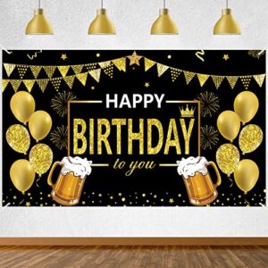black and gold happy birthday banner decorations, black gold happy birthday theme backdrop party sign supplies, 21st 30th 40th 50th 60th 70th 80th birthday poster background photo booth props decor