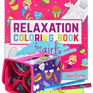 GirlZone Bundle: 38 Fruit Scented Markers & Pencil Case For Girls & Unicorn & Mermaids Coloring Book for Girls 4-10 years, Great Gifts For Girls