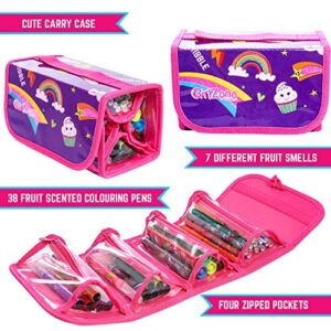 GirlZone Bundle: 38 Fruit Scented Markers & Pencil Case For Girls & Unicorn & Mermaids Coloring Book for Girls 4-10 years, Great Gifts For Girls