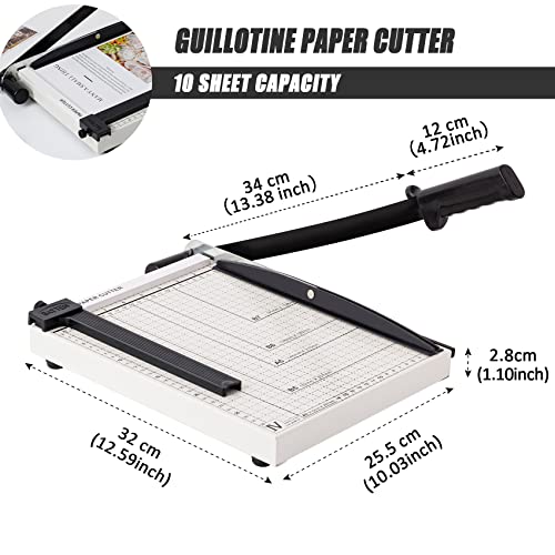 TAINSE Paper Cutter Guillotine, Paper Trimmer 12” Cutting Length with Safety Blade Lock, 10 Sheets Capacity, Heavy Duty Metal Base, Paper Slicer Cutter for Home, Office - White