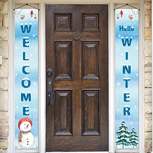 Welcome Hello Winter Porch Banner Snowman Cardinal Christmas Xmas Holiday Front Door Sign Wall Hanging Party Decoration