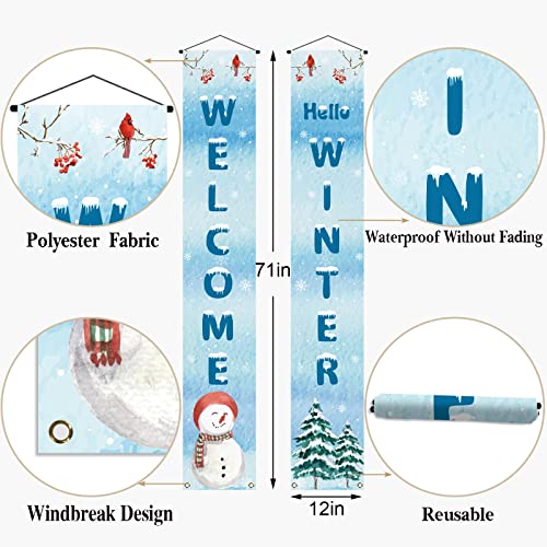 Welcome Hello Winter Porch Banner Snowman Cardinal Christmas Xmas Holiday Front Door Sign Wall Hanging Party Decoration