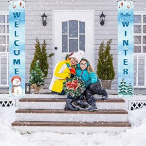 Welcome Hello Winter Porch Banner Snowman Cardinal Christmas Xmas Holiday Front Door Sign Wall Hanging Party Decoration