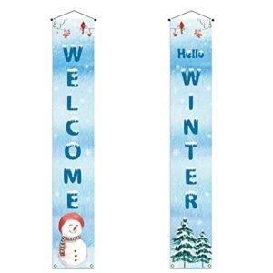 Welcome Hello Winter Porch Banner Snowman Cardinal Christmas Xmas Holiday Front Door Sign Wall Hanging Party Decoration