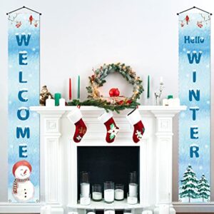 Welcome Hello Winter Porch Banner Snowman Cardinal Christmas Xmas Holiday Front Door Sign Wall Hanging Party Decoration