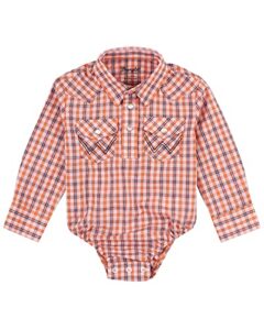 wrangler infant-boys’ – plaid print long sleeve snap western onesie orange 3-6 mos