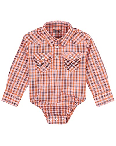 Wrangler Infant-Boys' - Plaid Print Long Sleeve Snap Western Onesie Orange 3-6 MOS