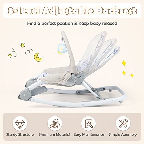 BABY JOY Baby Bouncers for Infants, 2 in 1 Foldable Toddler Bouncy Seat w/ Rocker & Stationary Modes, 3-Position Adjustable Backrest, Removable Bar, Portable Bouncer for Babies 0-6 Months (Gray)