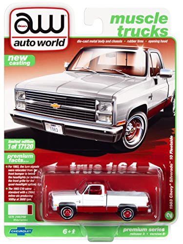 1983 Chevy Silverado 10 Fleetside Pickup Truck White & Carmine Red w/Red Interior Ltd Ed 17120 pcs 1/64 Diecast Model Car by Autoworld 64322-AWSP074 B