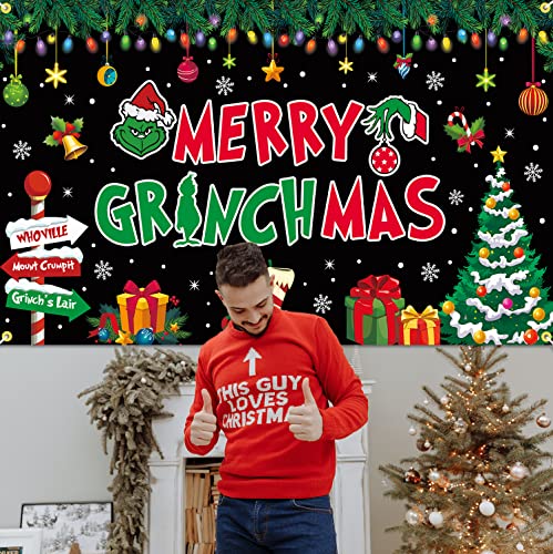 JKQ Merry Grinchmas Backdrop Banner 73 x 43 Inch Large Size Christmas Background Banner Xmas Party Decorations Christmas Holiday Baby Shower Birthday Indoor Outdoor Photo Booth Props