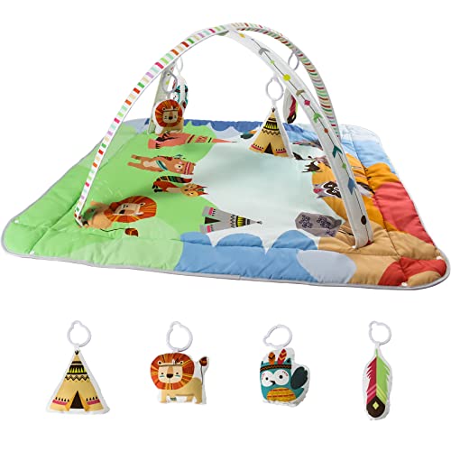 Mostop Baby Gym Play Mat with 4 Toys for Sensory and Motor Skill Development Language Discovery, 3 in 1 Large Size Baby Gym Activity Center for Tummy Time Washable Mat Covers Baby Activity Play Mat