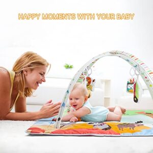 Mostop Baby Gym Play Mat with 4 Toys for Sensory and Motor Skill Development Language Discovery, 3 in 1 Large Size Baby Gym Activity Center for Tummy Time Washable Mat Covers Baby Activity Play Mat