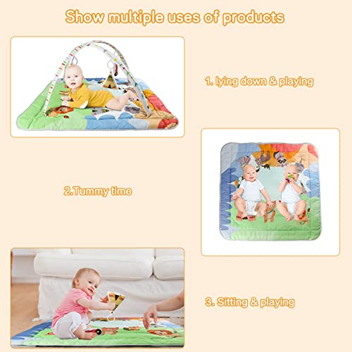 Mostop Baby Gym Play Mat with 4 Toys for Sensory and Motor Skill Development Language Discovery, 3 in 1 Large Size Baby Gym Activity Center for Tummy Time Washable Mat Covers Baby Activity Play Mat