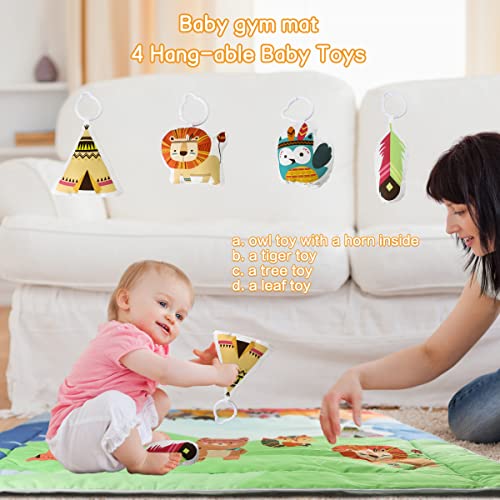 Mostop Baby Gym Play Mat with 4 Toys for Sensory and Motor Skill Development Language Discovery, 3 in 1 Large Size Baby Gym Activity Center for Tummy Time Washable Mat Covers Baby Activity Play Mat