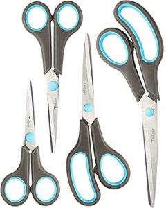 teskyer scissors set of 4 pack, 4 sizes all-purpose stainless steel scissors with comfort soft grip for craft, school, office and family daily use, 9.6″/8.4″/6.3″/5.5″, blue & grey